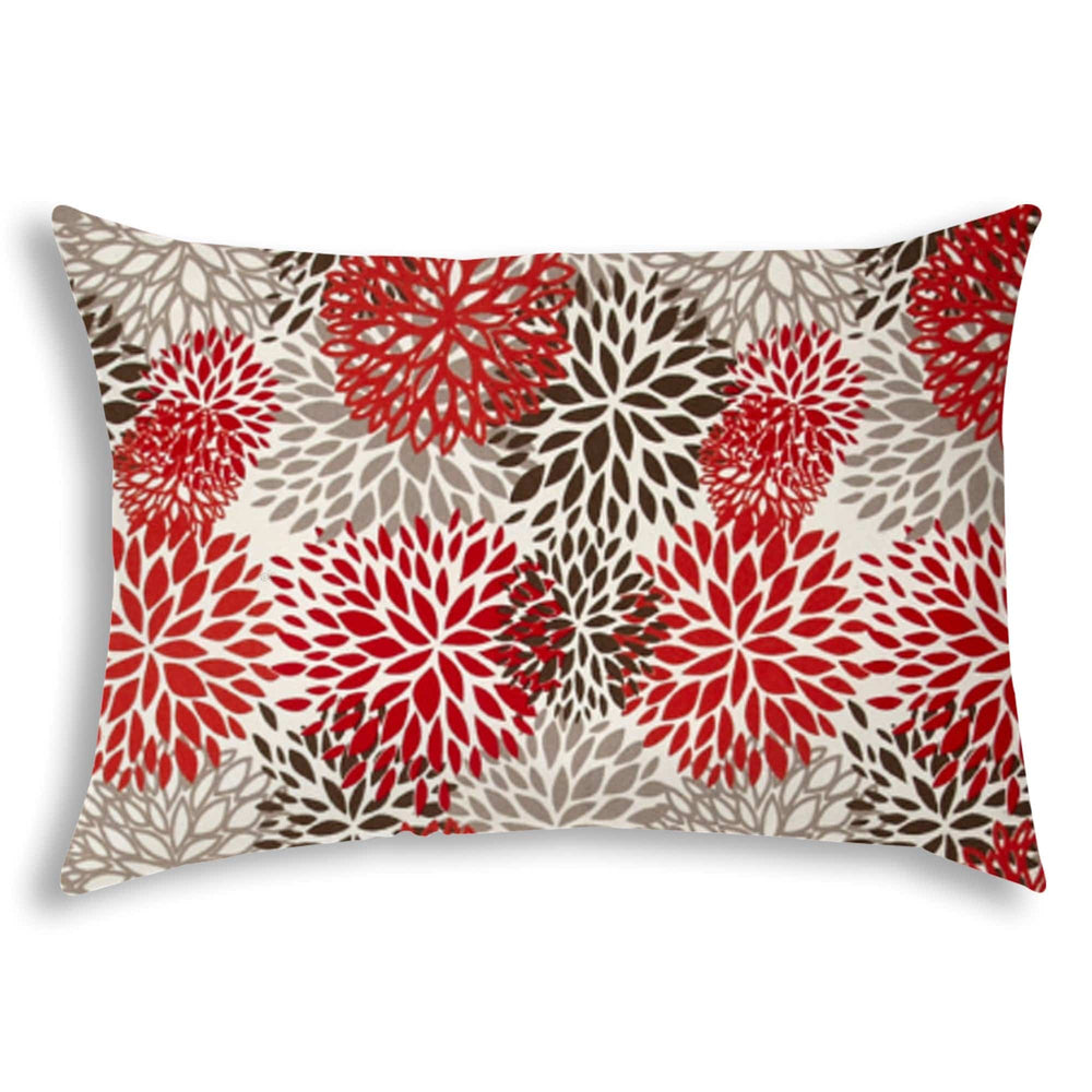 14" X 20" Red And White Blown Seam Floral Lumbar Indoor Outdoor Pillow