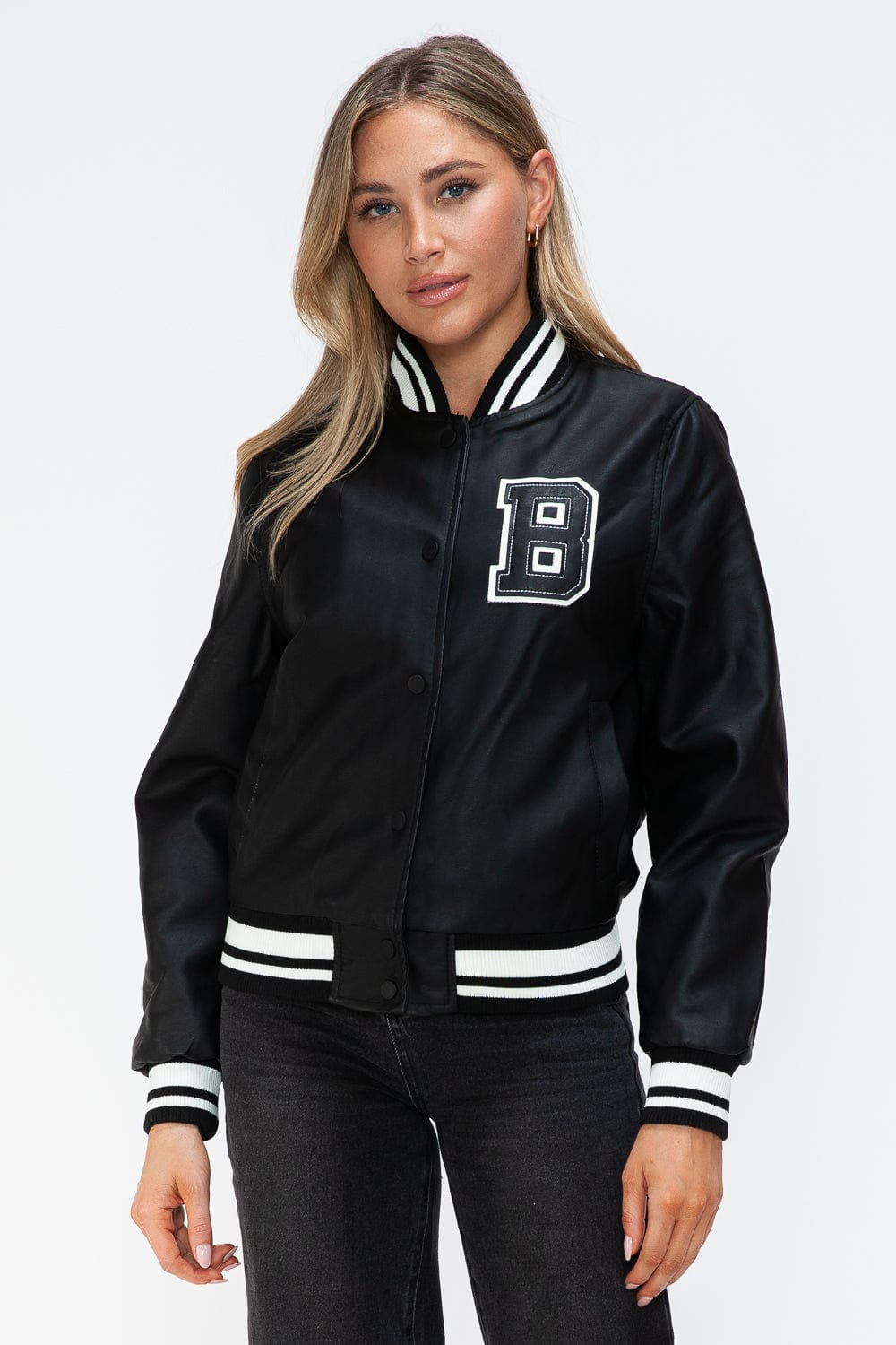 Love Me Now PU Leather Contrast Snap Down Bomber Jacket - Trendsi