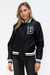 Love Me Now PU Leather Contrast Snap Down Bomber Jacket - Trendsi