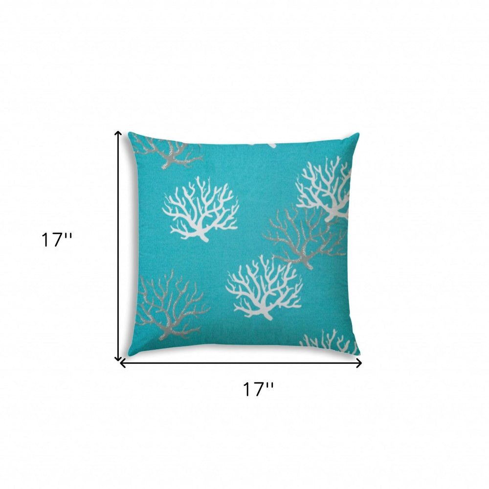 17" X 17" Aqua And White Corals Blown Seam Coastal Lumbar Indoor Outdoor Pillow - Homeroots - Flyclothing LLC