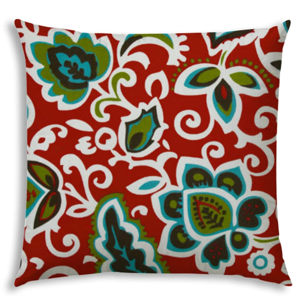 17" X 17" Read And Green Blown Seam Floral Lumbar Indoor Outdoor Pillow - Homeroots
