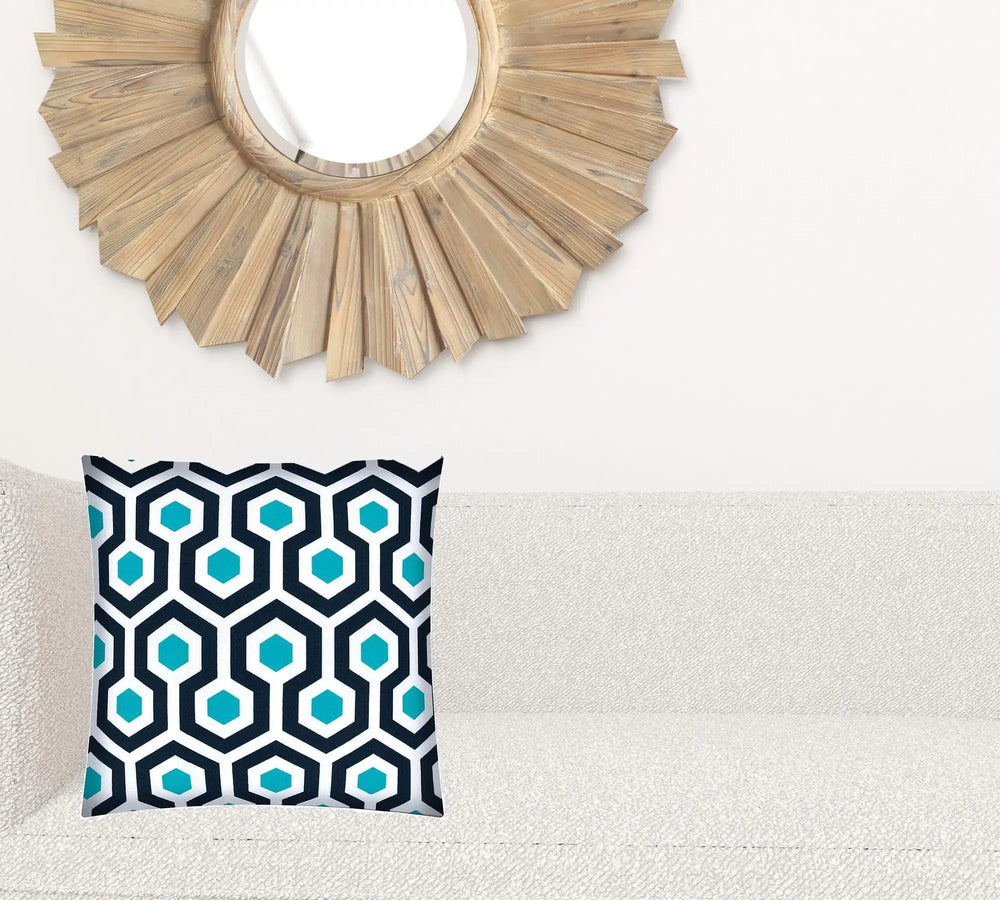 17" X 17" White And Aqua Blown Seam Geometric Lumbar Indoor Outdoor Pillow - Homeroots
