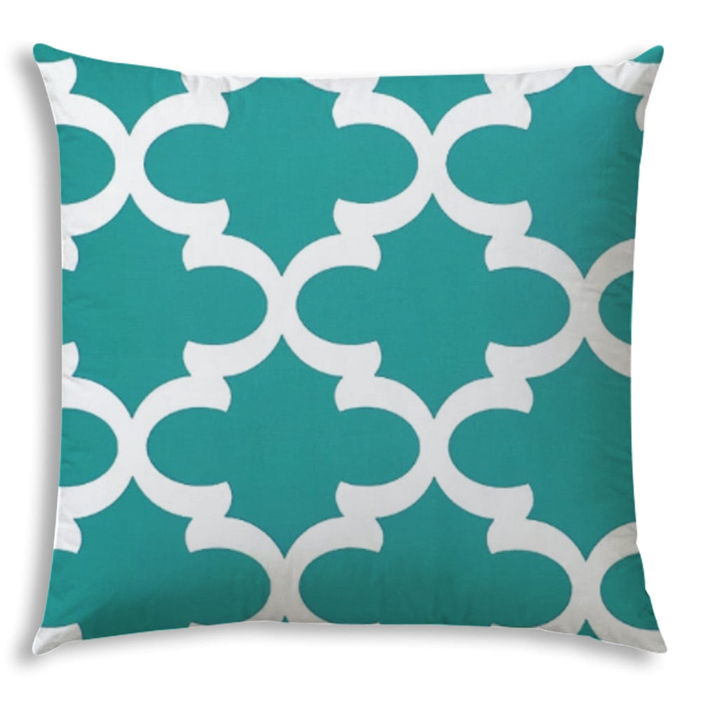17" X 17" Turquoise And White Blown Seam Quatrefoil Lumbar Indoor Outdoor Pillow - Homeroots