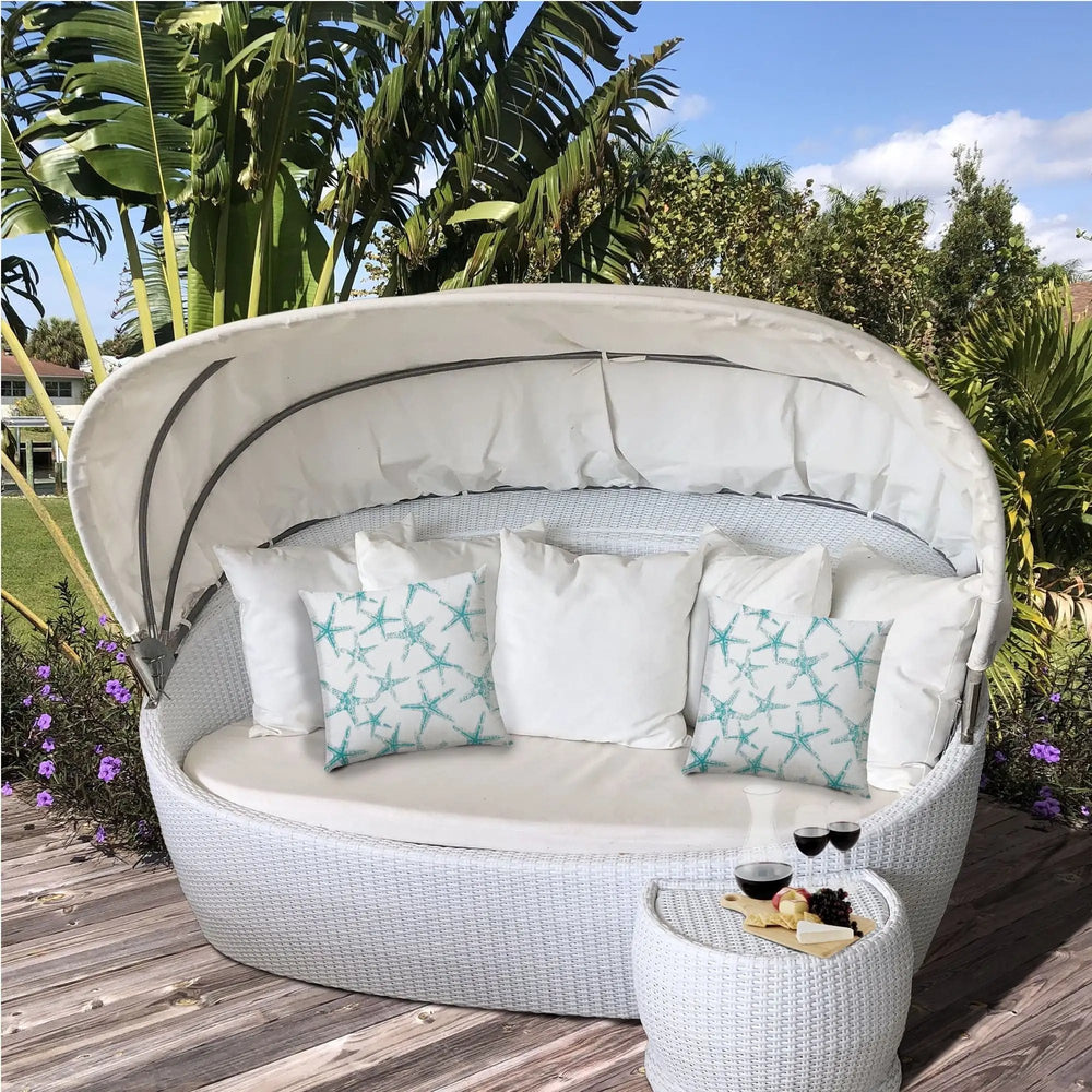 17" X 17" Turquoise And White Starfish Blown Seam Coastal Lumbar Indoor Outdoor Pillow - Homeroots - Flyclothing LLC