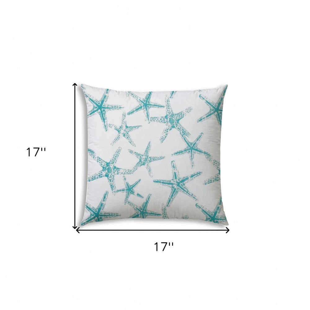 17" X 17" Turquoise And White Starfish Blown Seam Coastal Lumbar Indoor Outdoor Pillow - Homeroots - Flyclothing LLC
