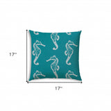 17" X 17" Turquoise And White Seahorse Blown Seam Coastal Lumbar Indoor Outdoor Pillow - Homeroots - Flyclothing LLC