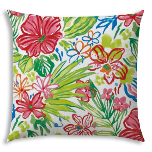 17" X 17" White And Green Blown Seam Floral Lumbar Indoor Outdoor Pillow - Homeroots