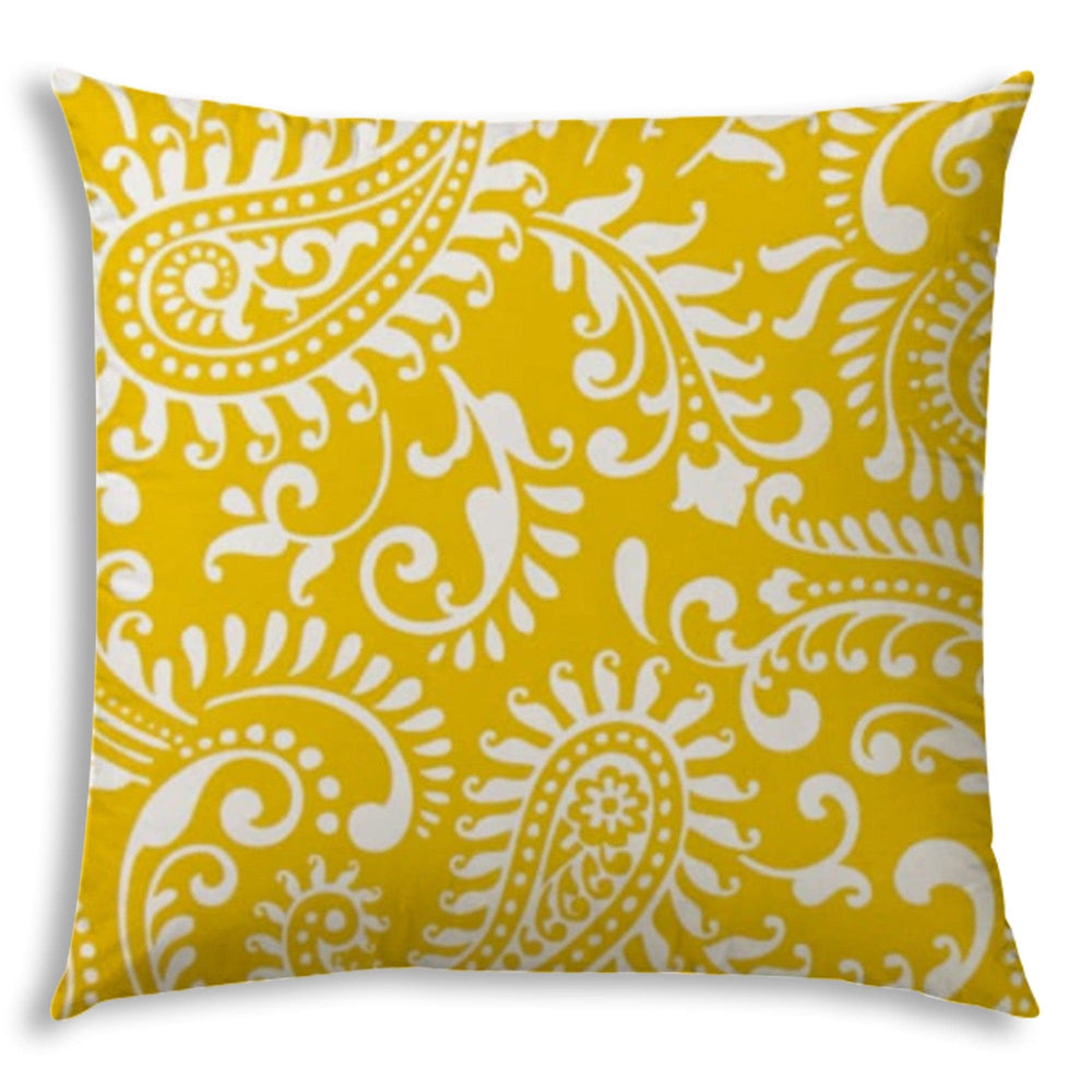 17" Yellow and White Paisley Indoor Outdoor Throw Pillow - Homeroots