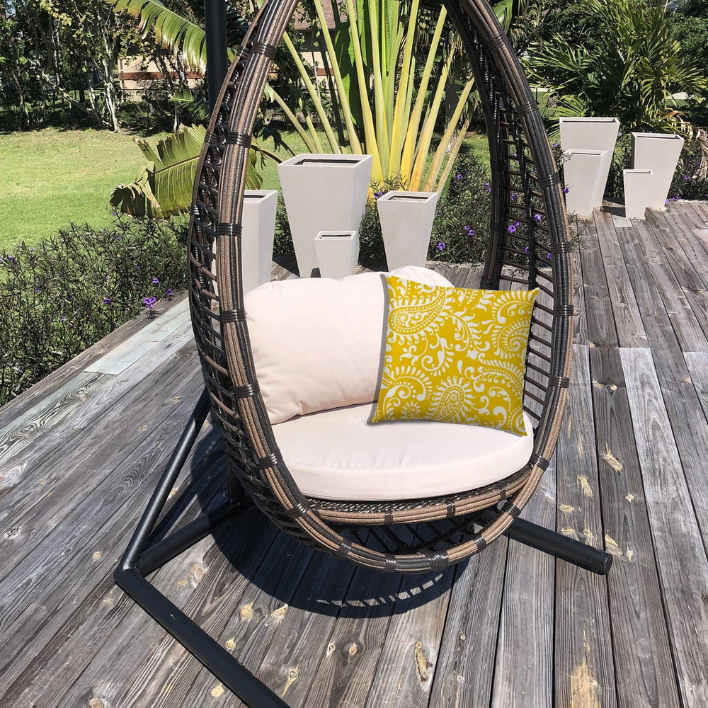 17" Yellow and White Paisley Indoor Outdoor Throw Pillow - Homeroots