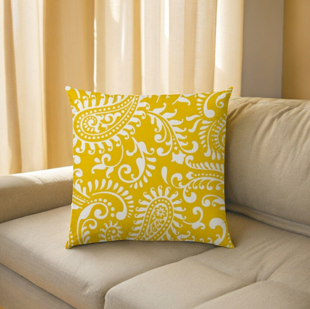 17" Yellow and White Paisley Indoor Outdoor Throw Pillow - Homeroots