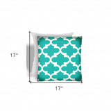 17" X 17" Turquoise And White Zippered Quatrefoil Throw Indoor Outdoor Pillow