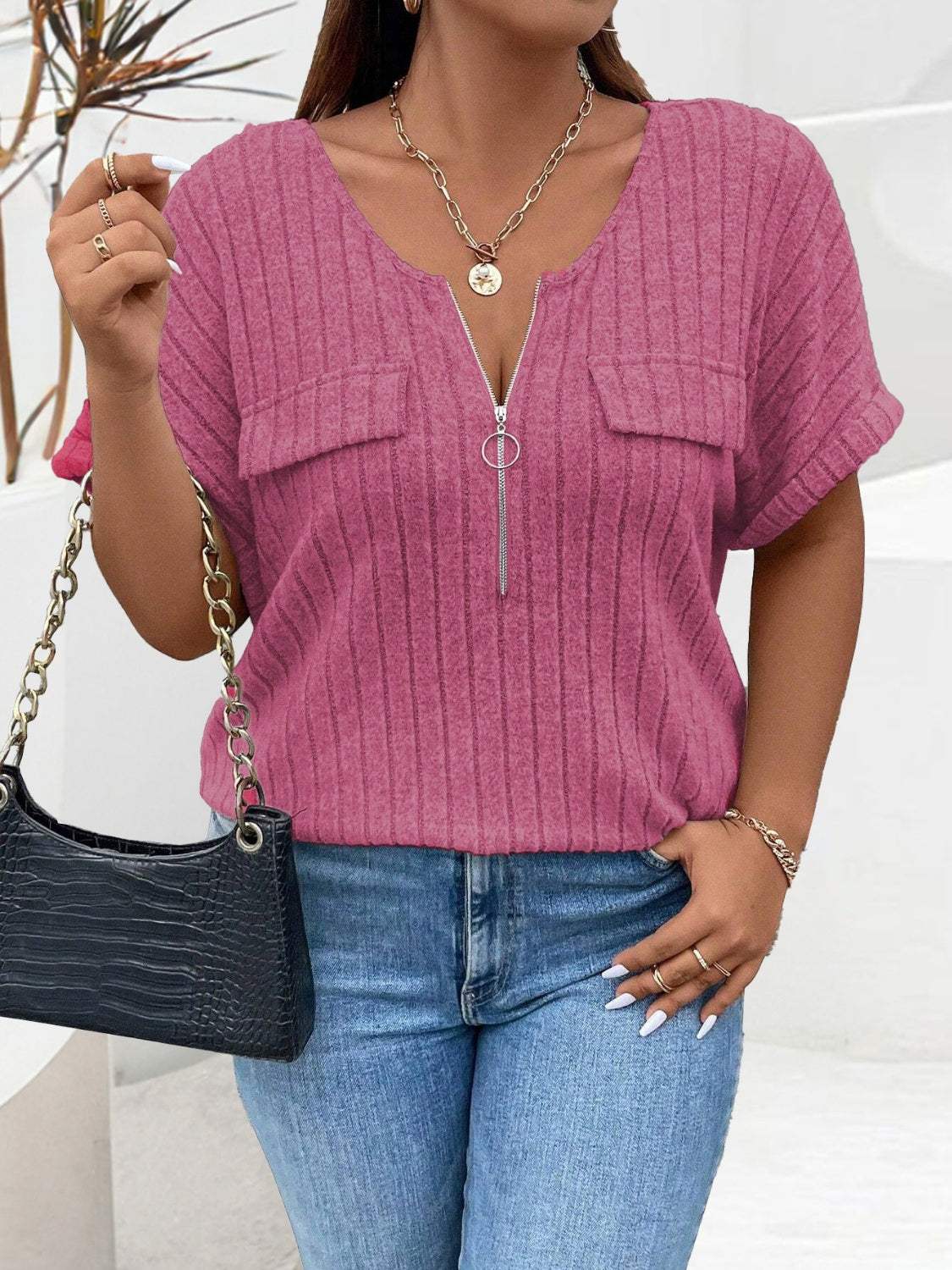 Plus Size Half Zip Short Sleeve T-Shirt - Trendsi - Flyclothing LLC