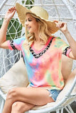 BiBi Rainbow Tie-Dye Leopard Trim V-Neck T-Shirt - Trendsi - Flyclothing LLC
