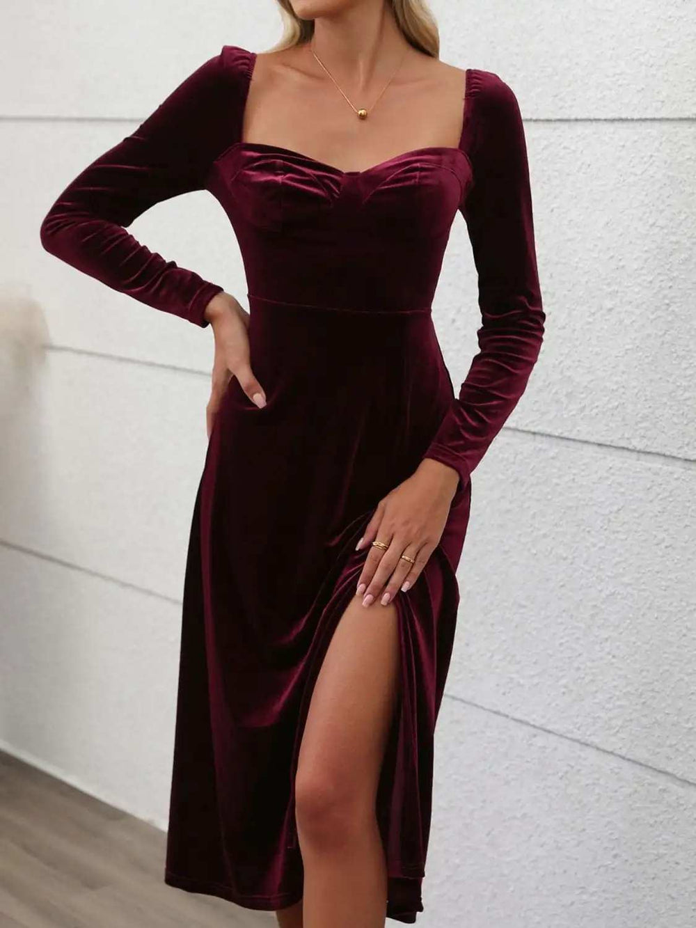 Perfee Sweetheart Neck Long Sleeve Midi Dress - Trendsi - Flyclothing LLC