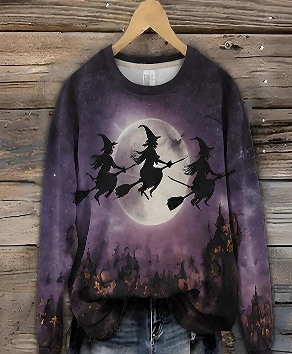 Women's Long-sleeve Crew-neck Halloween-print Hoodie