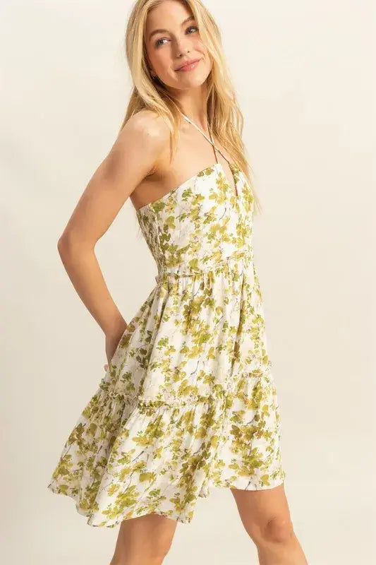 HYFVE Floral Print Halter Neck Tiered Mini Dress - Trendsi - Flyclothing LLC