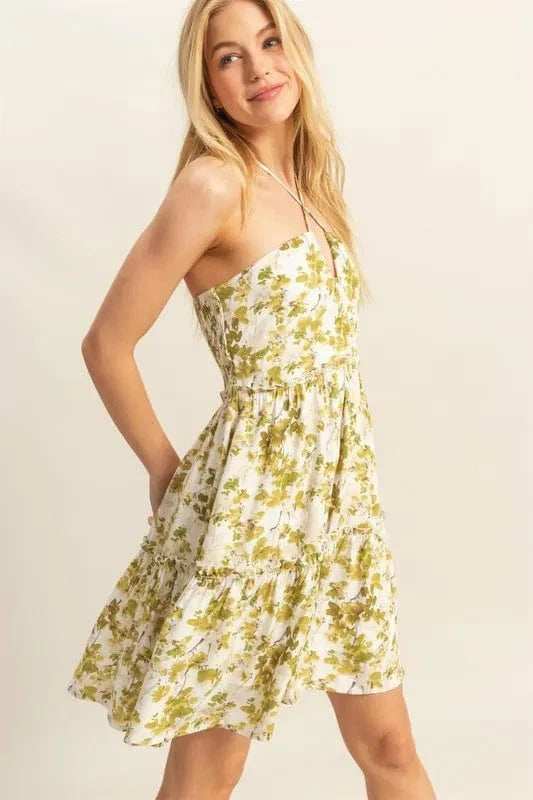 HYFVE Floral Print Halter Neck Tiered Mini Dress - Trendsi - Flyclothing LLC