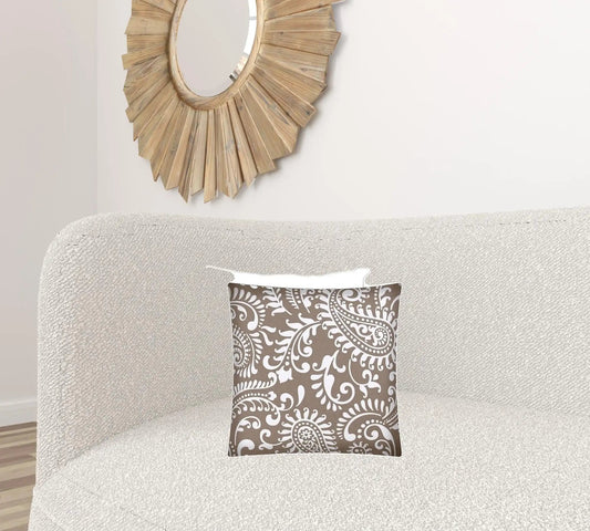 17" X 17" Taupe And White Zippered Paisley Throw Indoor Outdoor Pillow - Homeroots
