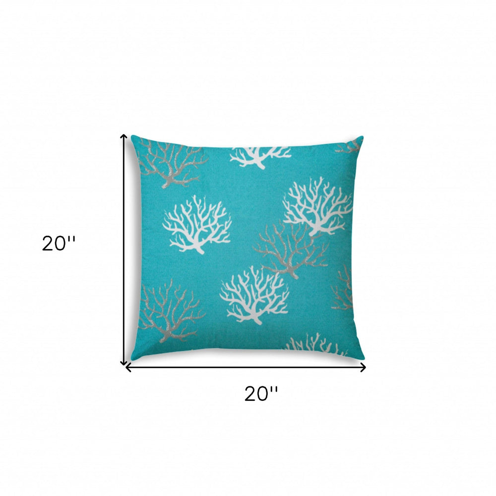 20" X 20" Aqua And White Corals Blown Seam Coastal Throw Indoor Outdoor Pillow - Homeroots - Flyclothing LLC