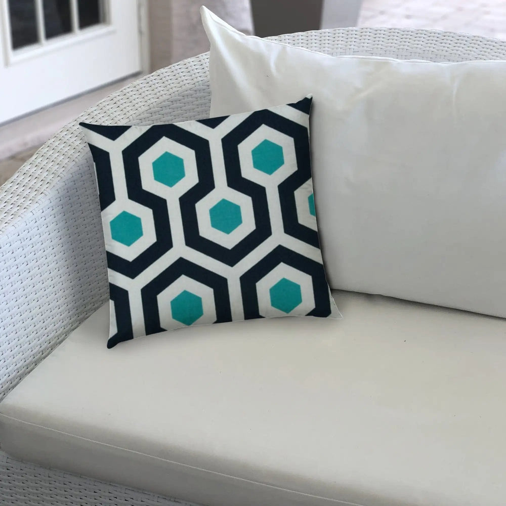 20" X 20" White And Aqua Blown Seam Trellis Throw Indoor Outdoor Pillow - Homeroots