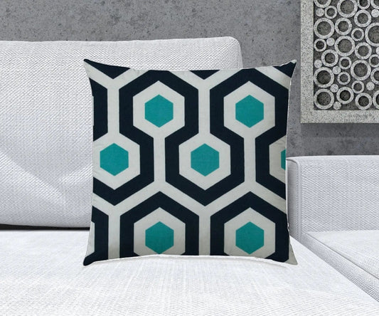20" X 20" White And Aqua Blown Seam Trellis Throw Indoor Outdoor Pillow - Homeroots