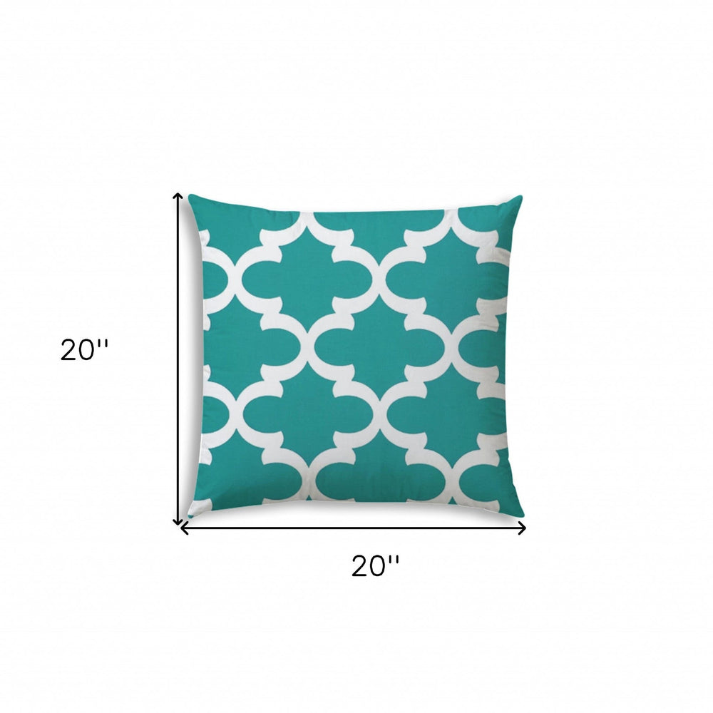 20" X 20" Turquoise And White Blown Seam Quatrefoil Throw Indoor Outdoor Pillow - Homeroots