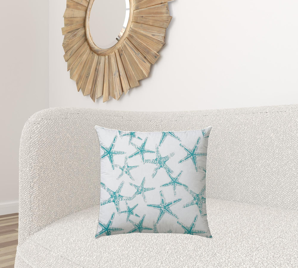 20" X 20" Turquoise And White Starfish Blown Seam Coastal Throw Indoor Outdoor Pillow - Homeroots - Flyclothing LLC