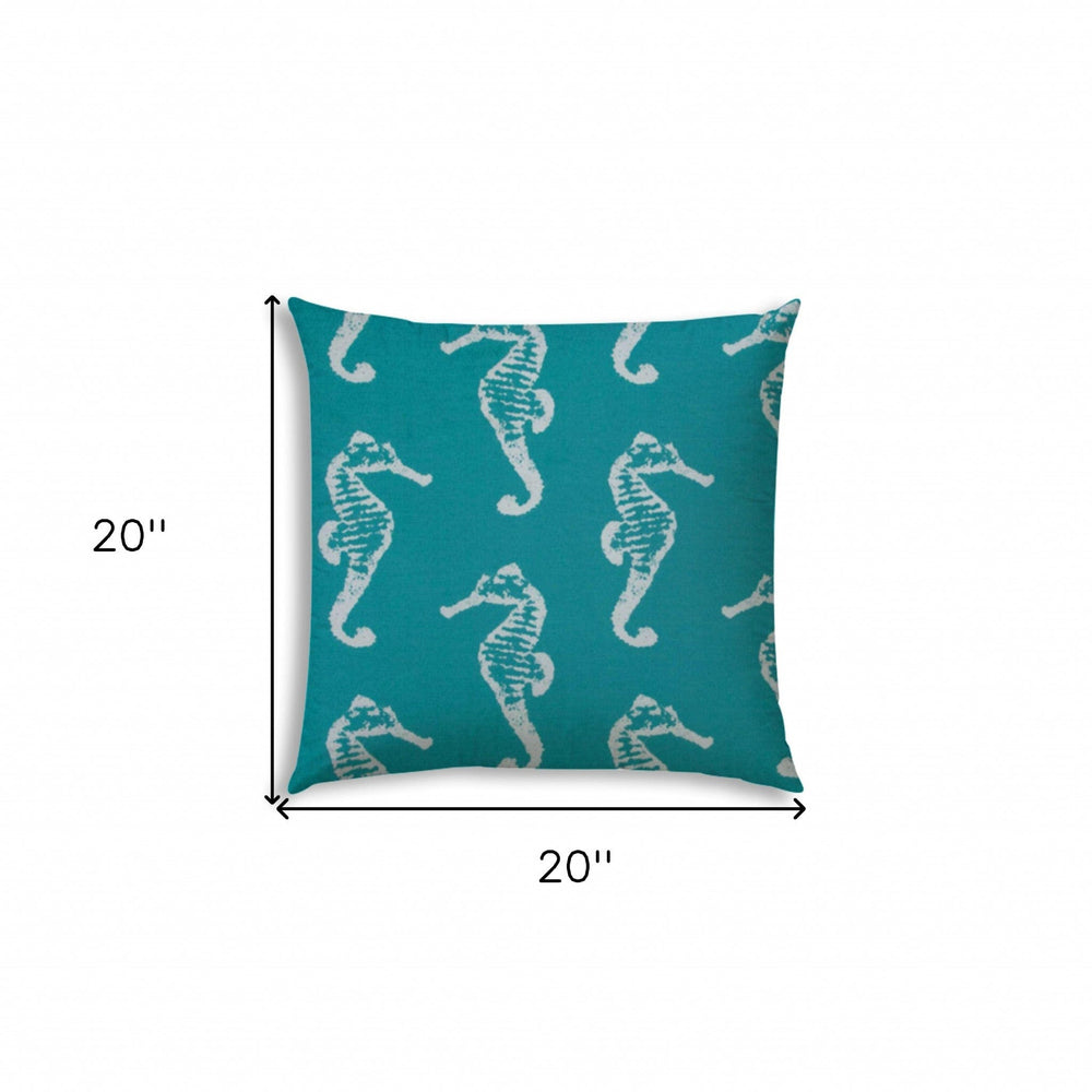 20" X 20" Turquoise And White Seahorse Blown Seam Coastal Throw Indoor Outdoor Pillow - Homeroots - Flyclothing LLC