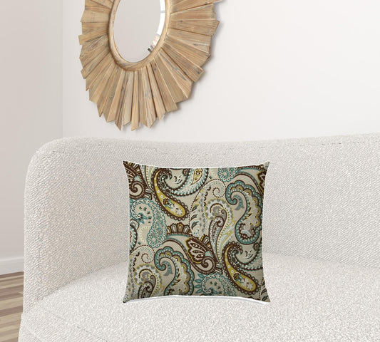 20" X 20" Brown And Teal Blown Seam Paisley Throw Indoor Outdoor Pillow - Homeroots