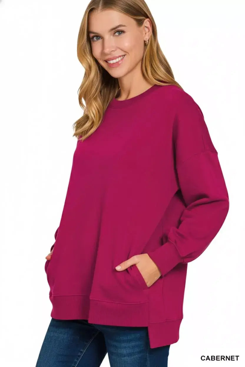 Zenana Fleece Hi-low Boyfriend Sweatshirts with Pockets - Trendsi - Flyclothing LLC