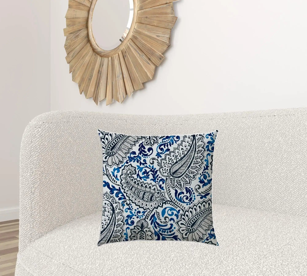 20" X 20" White And Blue Blown Seam Paisley Throw Indoor Outdoor Pillow - Homeroots - Flyclothing LLC