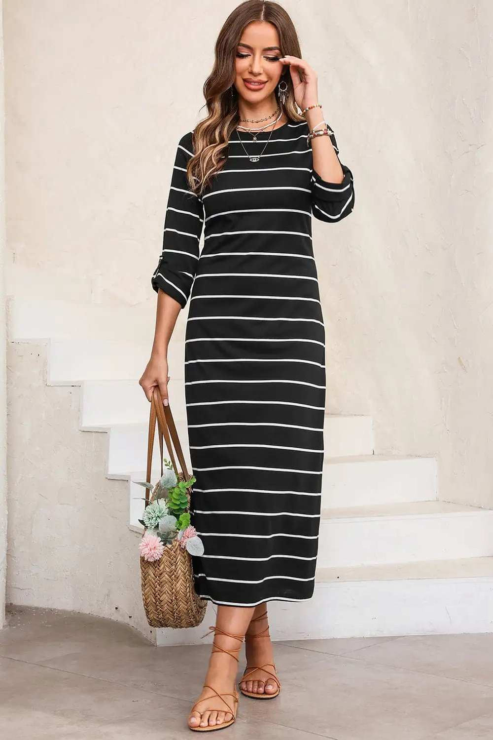 Slit Striped Round Neck Midi Dress - Trendsi - Flyclothing LLC