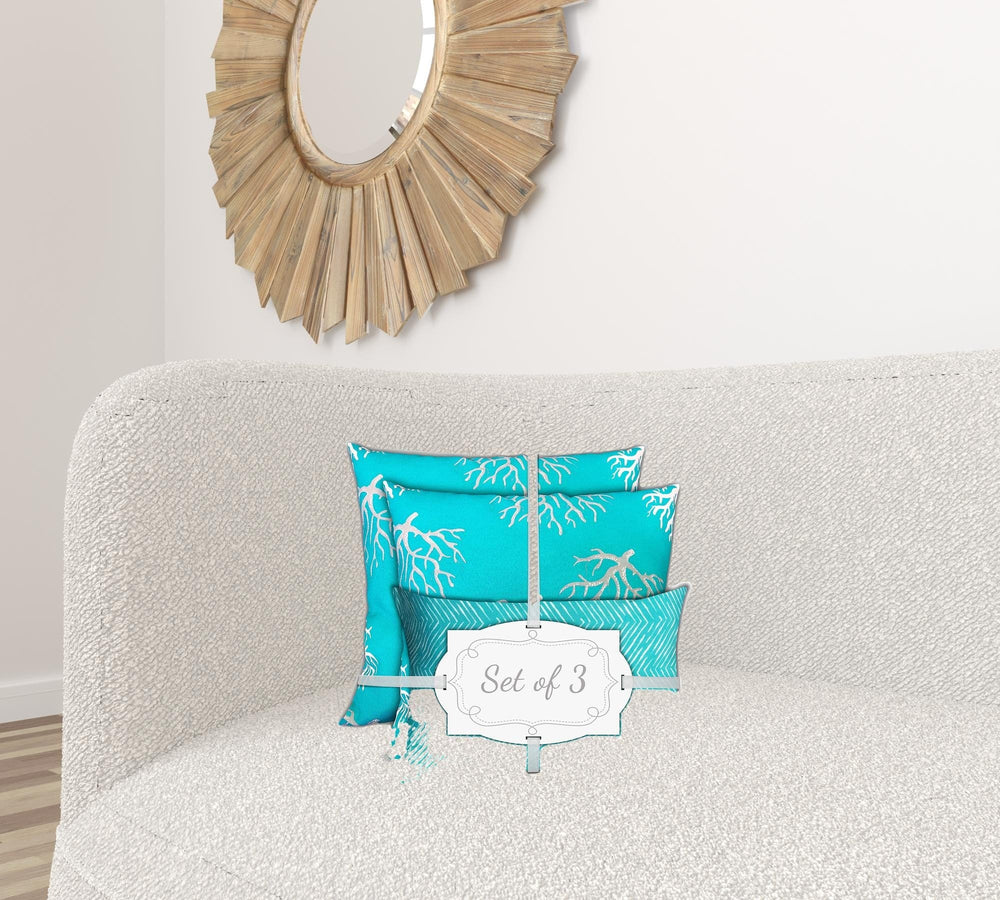 Set Of Three 18" X 18" Ocean Blue And White Corals Blown Seam Coastal Throw Indoor Outdoor Pillow - Homeroots