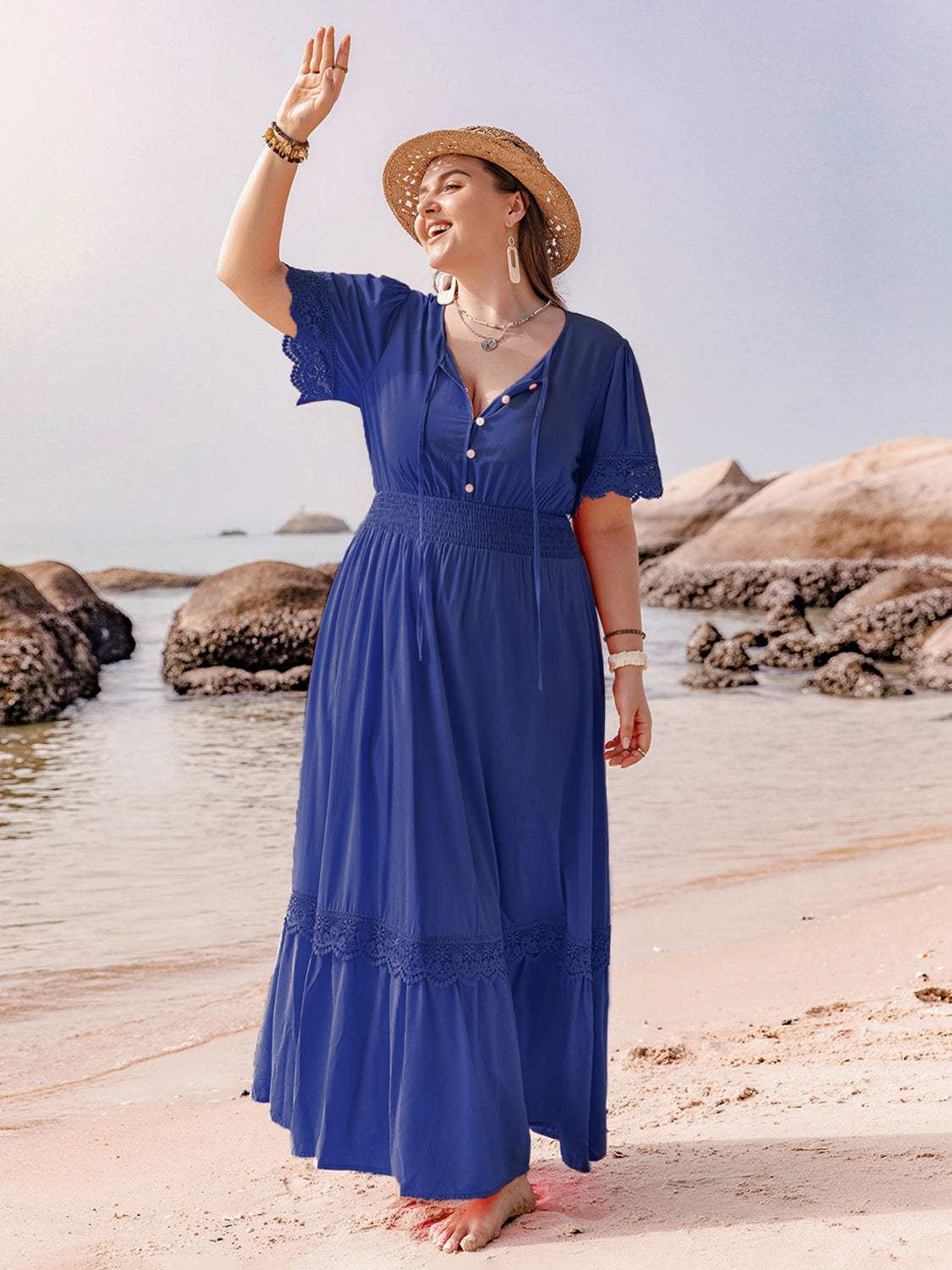 Plus Size Lace Detail Tie Neck Short Sleeve Maxi Dress - Trendsi - Flyclothing LLC
