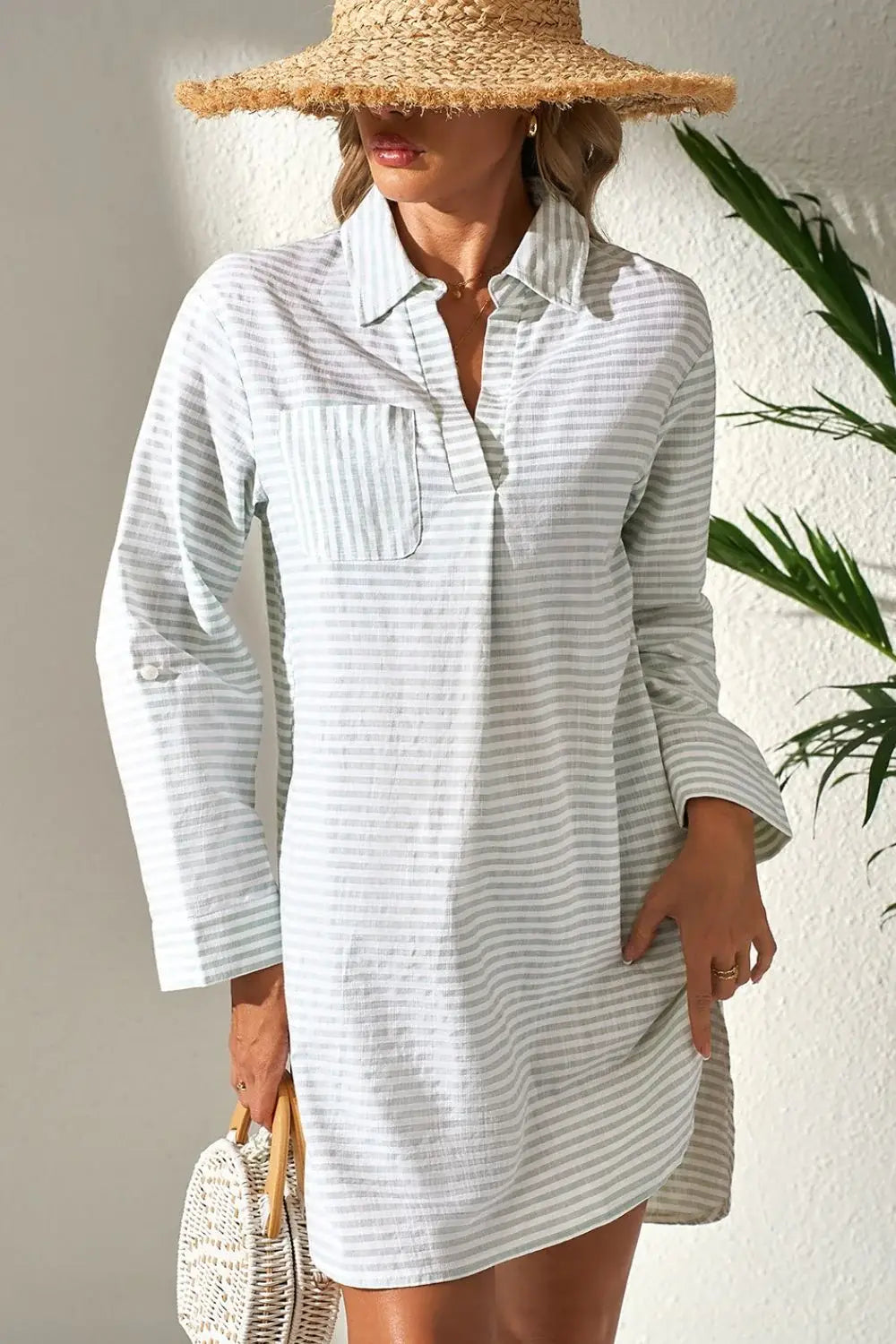 Striped Johnny Collar Long Sleeve Mini Shirt Dress - Trendsi - Flyclothing LLC
