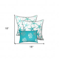 18" X 18" Ocean Blue And White Starfish Zippered Coastal Throw Indoor Outdoor Pillow