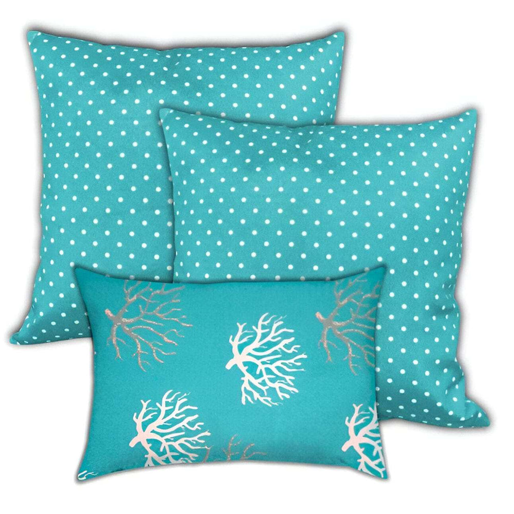 Set of Three Aqua and White Coral Polka Dot Indoor Outdoor Throw Pillow - Homeroots - Flyclothing LLC