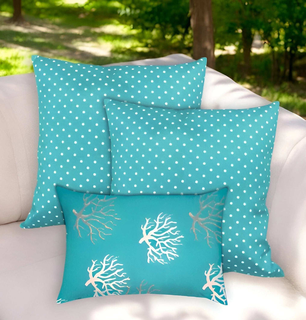 Set of Three Aqua and White Coral Polka Dot Indoor Outdoor Throw Pillow - Homeroots - Flyclothing LLC