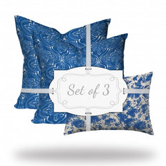Set Of Three 20" X 20" Blue And White Enveloped Coastal Throw Indoor Outdoor Pillow