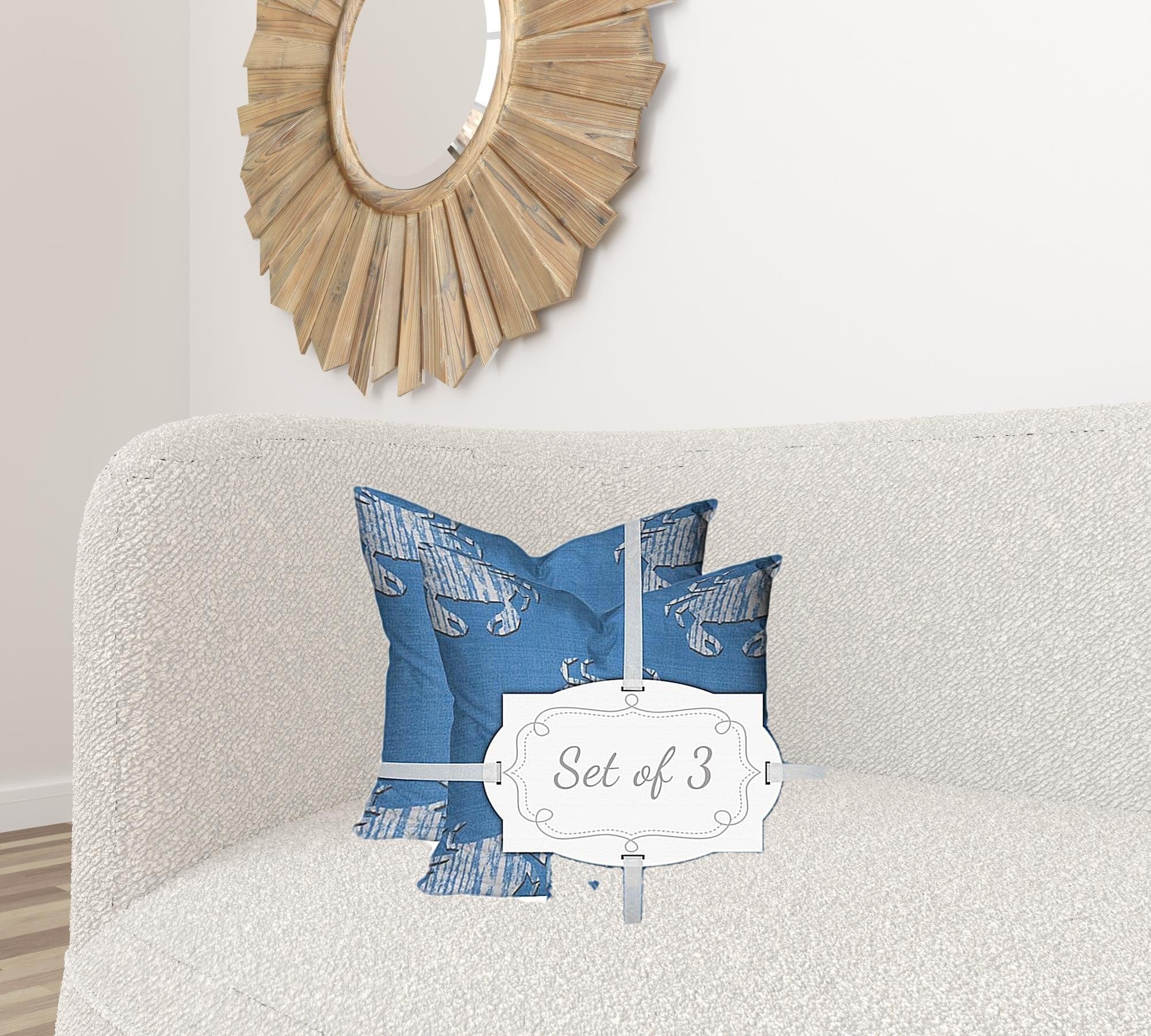 Set Of Three 20" X 20" Blue And White Crab Blown Seam Coastal Throw Indoor Outdoor Pillow - Homeroots - Flyclothing LLC
