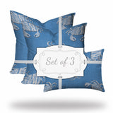 Set Of Three 20" X 20" Blue And White Crab Enveloped Coastal Throw Indoor Outdoor Pillow - Homeroots