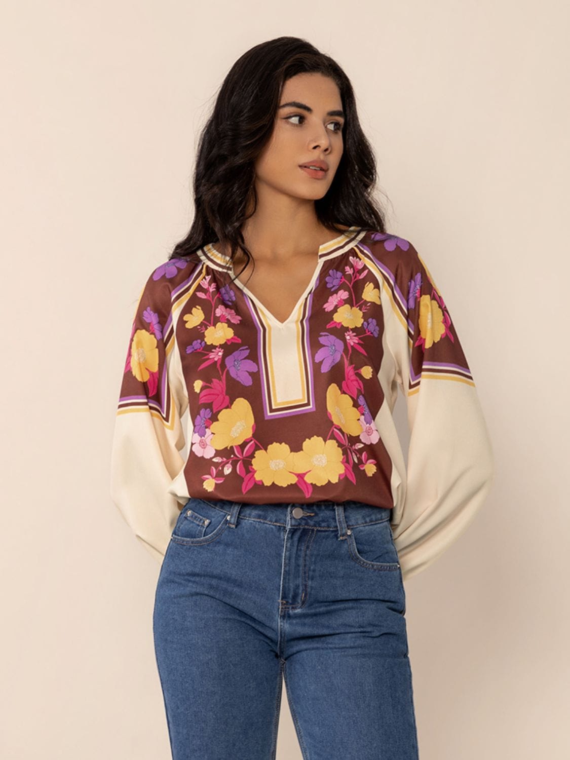 Printed Notched Long Sleeve Blouse - Trendsi