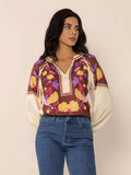 Printed Notched Long Sleeve Blouse - Trendsi - Flyclothing LLC