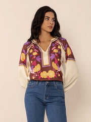 Printed Notched Long Sleeve Blouse - Trendsi