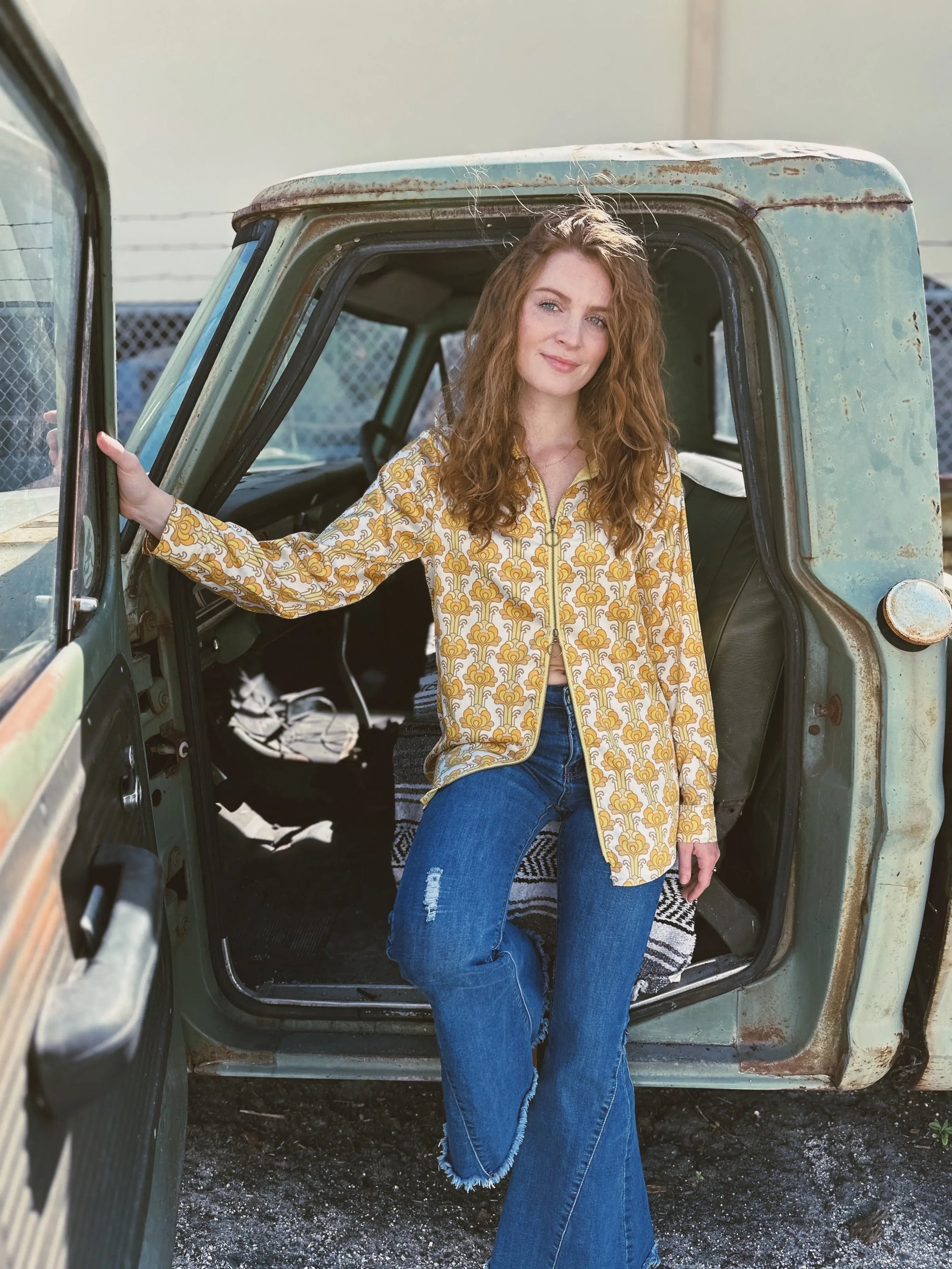 Streets Of Gold Golden Yellow Tulip Zipper Front Blouse - Lil Bee's Bohemian - Flyclothing LLC