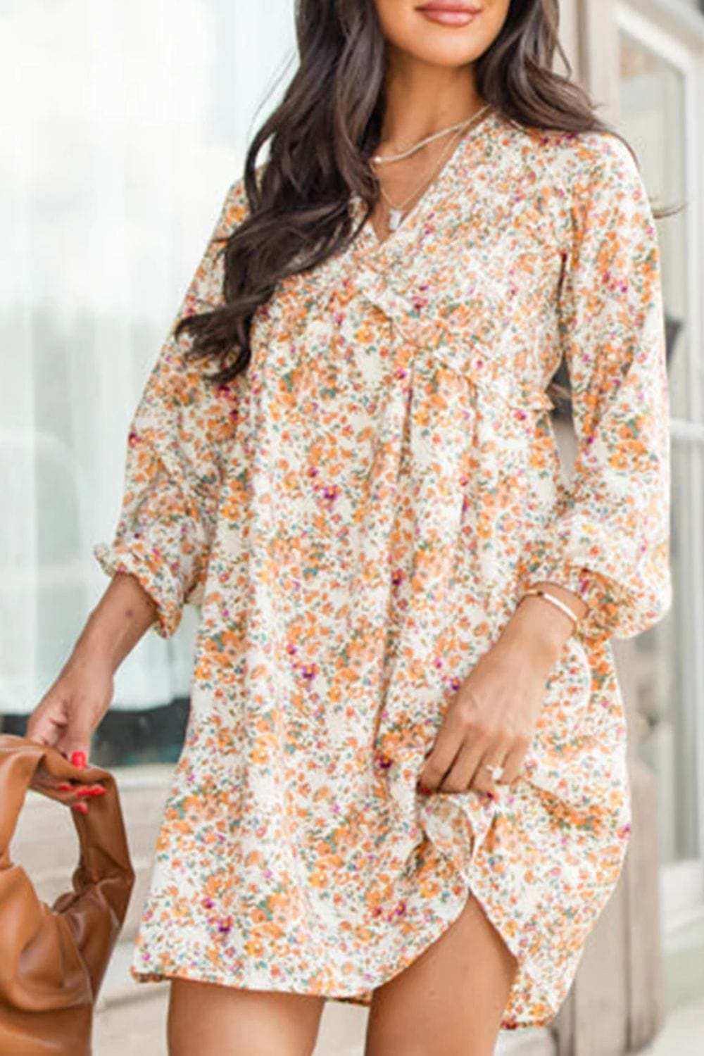 Printed V-Neck Balloon Sleeve Mini Dress - Trendsi - Flyclothing LLC