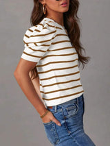 Striped Round Neck Puff Sleeve Knit Top - Trendsi - Flyclothing LLC