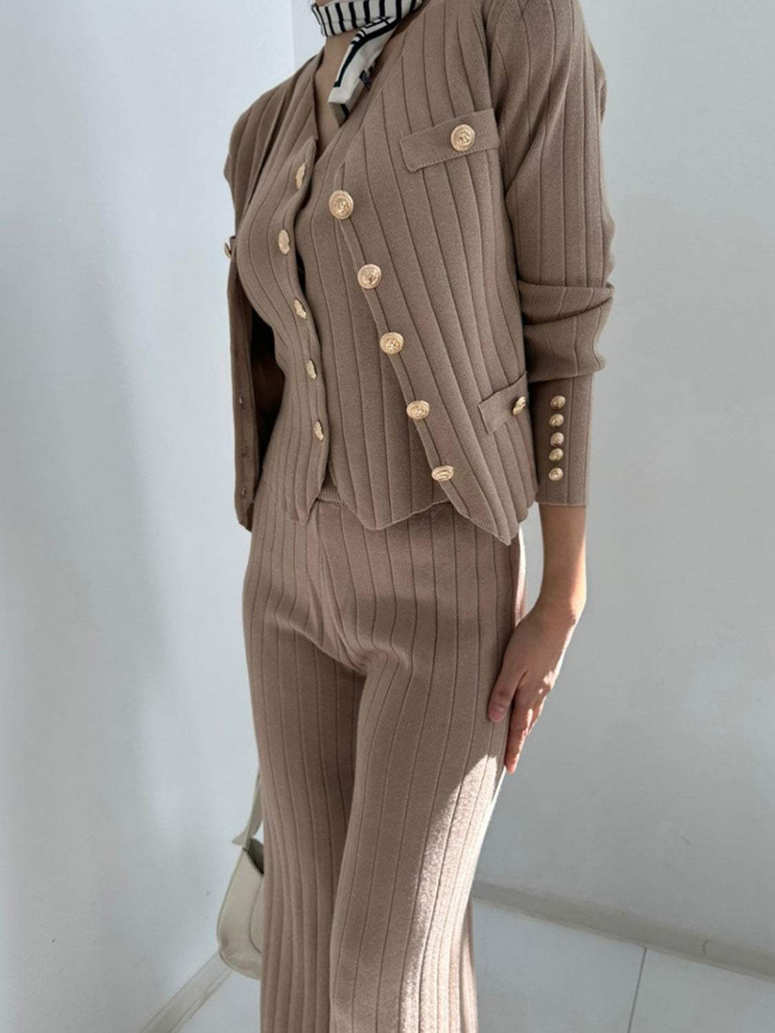 V-Neck Tank, Cardigan and Pants Three-Piece Sweater Set - Trendsi - Flyclothing LLC