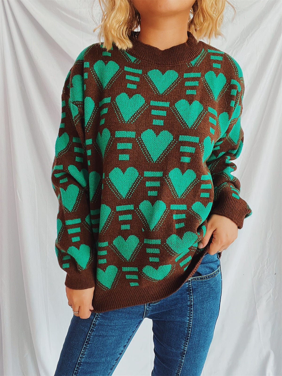 Heart Contrast Long Sleeve Dropped Shoulder Sweater - Trendsi