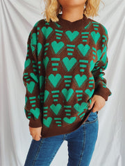 Heart Contrast Long Sleeve Dropped Shoulder Sweater - Trendsi